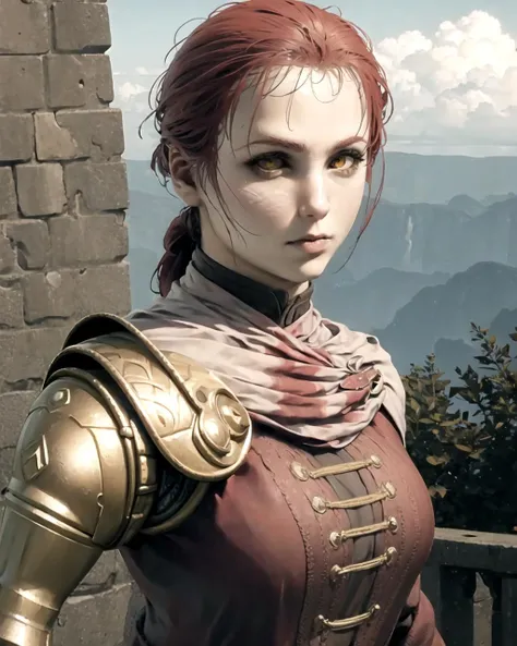 realism, solo, girl, detailed, upper body, orange eyes, castle, Millicent, <lora:Millicent:0.8>