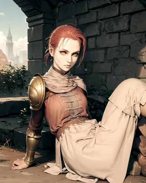 realism, solo, girl, detailed, sitting, orange eyes, castle, Millicent, <lora:Millicent:0.8>