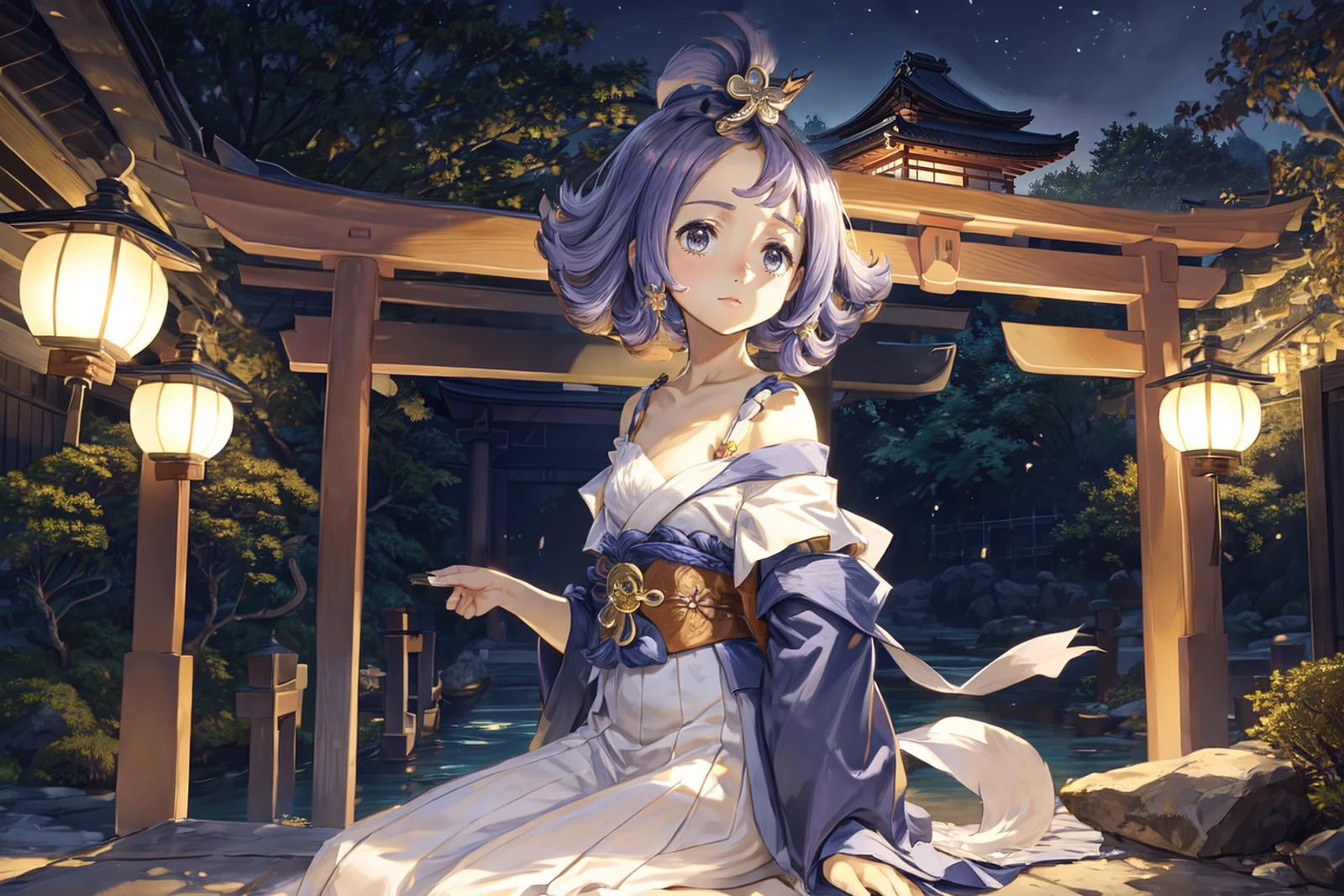 <lora:AcerolaLora:0.8> ACEROLA , :3 , hair ornament, bangs , topknot , hairclip , collarbone, armlet, kimono, traditional japanese clothes , (fingernails:1.1)
tranquil, nature, lantern , japanese garden , volumetric lighting , beautiful, small details, intricate, beautiful lighting , night ,, (best quality, masterpiece:1.2)