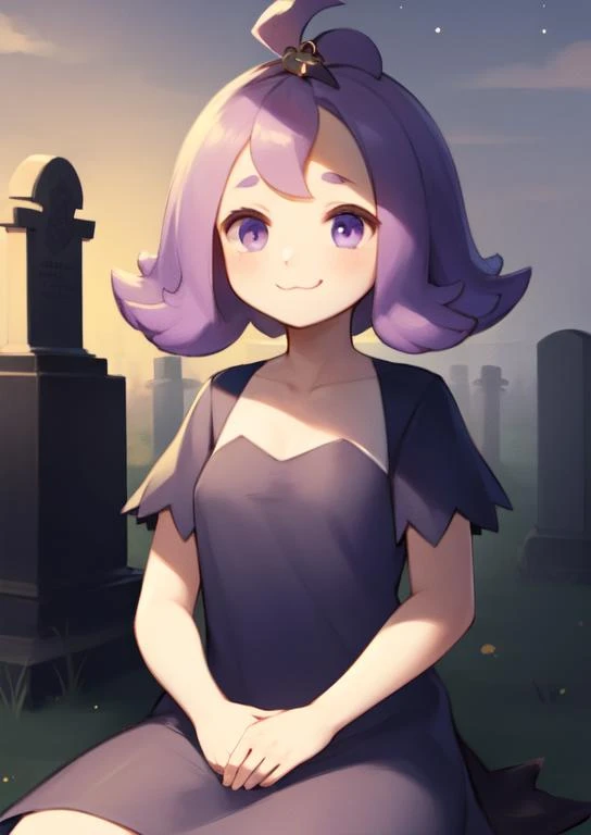 (masterpiece, best quality:1.2), extremely detailed, soft ambient lighting, sharp focus, 4K, BREAK <lora:AcerolaLora:0.7>, <lora:uwu:1>, acerola, short purple hair, ahoge, purple dress, short sleeves, happy, (;3), uwu, catmouth, BREAK outdoors, graveyard, night time, dark, fog, sitting on gravestone