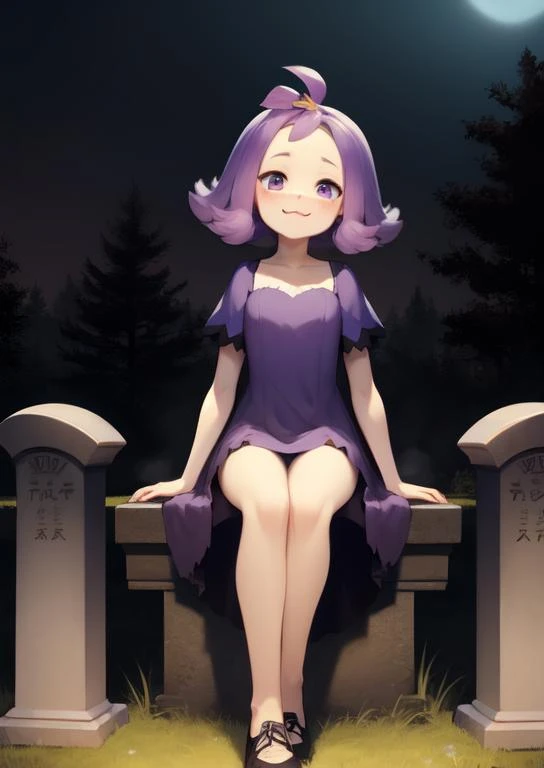 (masterpiece, best quality:1.2), extremely detailed, soft ambient lighting, sharp focus, 4K, BREAK <lora:AcerolaLora:0.6>, <lora:uwu:1>, acerola, short purple hair, ahoge, purple dress, short sleeves, happy, (;3), uwu, catmouth, BREAK outdoors, graveyard, night time, dark, fog, sitting on gravestone