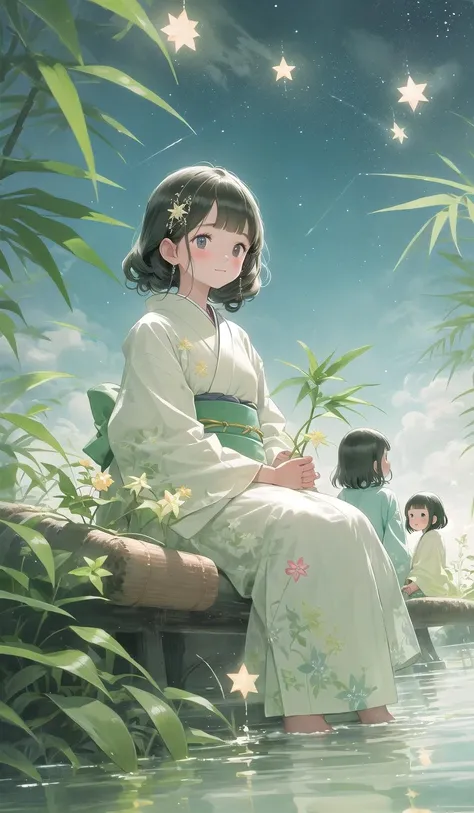 bamboolight, multiple girls, bamboo, 2girls, japanese clothes, kimono, night, blush, black hair, sitting, tanabata, braid, outdoors, hair ornament, sky, star (sky), water, night sky, twin braids, bangs, short hair, hair flower, flower, starry sky, wide sleeves <lora:bamboolight-noise:1>