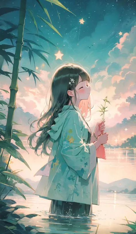 bamboolight, 1girl, solo, long hair, sky,aqua jacket,bamboo, night, cloud, star (sky), outdoors, wading, water, night sky, black hair, tanabata, standing, starry sky, star (symbol), looking up, blush, from side, bangs, hand up, closed eyes, profile <lora:bamboolight-noise:1>