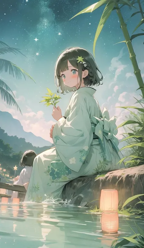 bamboolight, multiple girls, bamboo, 2girls, japanese clothes, kimono, night, blush, black hair, sitting, tanabata, braid, outdoors, hair ornament, sky, star (sky), water, night sky, twin braids, bangs, short hair, hair flower, flower, starry sky, wide sleeves <lora:bamboolight-noise:1>