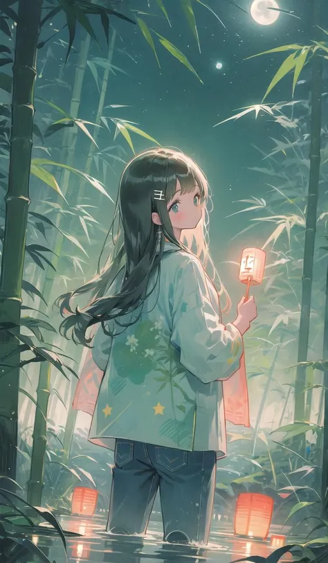 bamboolight, bamboo, 1girl, moon, long hair, lantern, solo,jeans,aqua jacket, night, black hair, full moon, outdoors, sky, holding, from behind, nature, water, night sky, star (sky), standing, bamboo forest, facing away <lora:bamboolight-noise:1>
