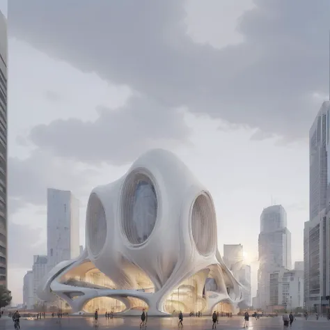 MC, curve building, <lora: MC_20230626203721:1>, (art illustration), bionic, <lora:zahahadid:0.5>, <lora:zaha:0.5>, <lora:CrvPavilion:0.3>, <lora:public build-V5.0:0.2>, cloudy sky, sunrise, <lora:Mr MC S ART V_20230621011447:0.3>