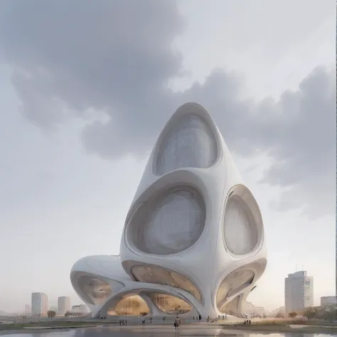 MC, curve building, <lora: MC_20230626203721:1>, (art illustration), bionic, <lora:zahahadid:0.5>, <lora:zaha:0.5>, <lora:CrvPavilion:0.3>, <lora:public build-V5.0:0.2>, cloudy sky, sunrise