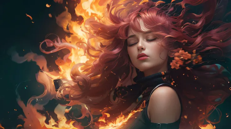 1girl, long hair, solo, floating hair, closed eyes, upper body, sleeveless, parted lips, red lips, lips, pink hair, turtleneck, bare shoulders, flower, eyelashes, fire, finely detailed,ue 5, a computer rendering, octane render, (8k, RAW photo, best quality, masterpiece),(realistic, photo-realistic:1.37), ultra high res, ultra-detailed, (RAW photo, best quality), (realistic, photo fidelity: 1)