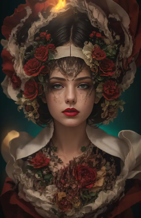 1girl, flower, solo, fire, black hair, hair ornament, green eyes, looking at viewer, rose, hair flower, black background, portrait, red flower, makeup, simple background, red lips, parted lips, lips, red rose, lipstick, finely detailed,ue 5, a computer rendering, octane render, (8k, RAW photo, best quality, masterpiece),(realistic, photo-realistic:1.37), ultra high res, ultra-detailed, (RAW photo, best quality), (realistic, photo fidelity: 1)