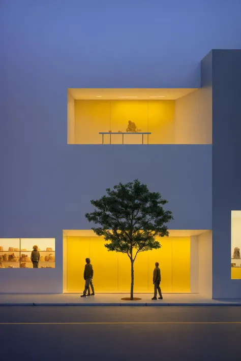 <lora:Mr_Mc_BokK_V1:0.8>,Commercial stores,Street View,tree,(Clothes shop), James Turell,architecture,Glowing Clothing,Residential houses