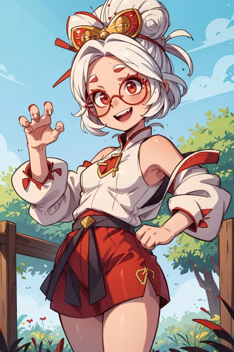 ((best quality, masterpiece)),
purah, ((claw pose):1.3), red glasses, white hair, hair ornament, hair stick, red headband, white shirt, bare shoulders, white jacket, black skirt, orange leggings, standing, smiling, open mouth, waving, field, fence, sky, pagoda <lora:purah-nvwls-v3-2:0.8>
<lora:more_details:0.5>