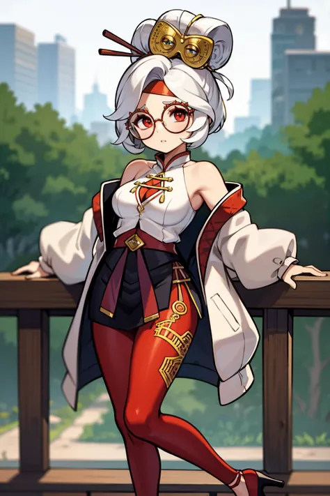 masterpiece, best quality, 8K RAW photo, film grain, whole-body, <lora:purah-nvwls-v3-final:.9> purah, red glasses, hair ornament, hair stick, red headband, white shirt, bare shoulders, white jacket, black skirt, orange leggings, high heels,,