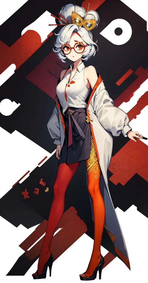 masterpiece, best quality, purah, RED GLASSES, HAIR ORNAMENT, WHITE JACKET, SLEEVELESS SHIRT, BLACK SKIRT, ORANGE LEGGINGS, HIGH HEELS,white background,<lora:purah-nvwls-v2:0.8> , [(white background:1.5),::5] , 1 girl, mid shot, full body