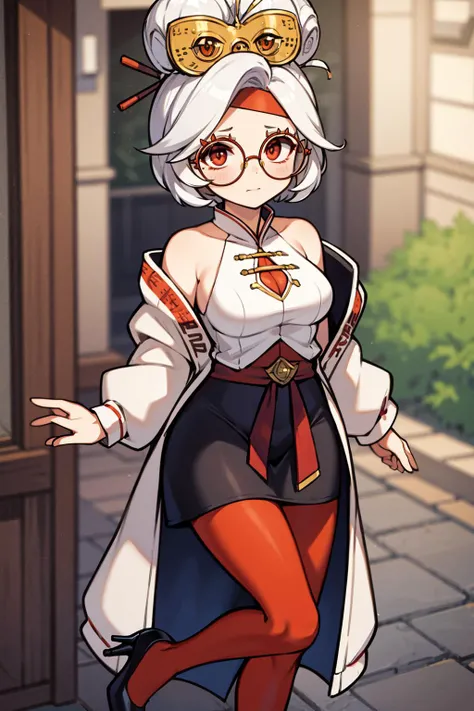 masterpiece, best quality, 8K RAW photo, film grain, whole-body, <lora:purah-nvwls-v3-final:.9> purah, red glasses, hair ornament, hair stick, red headband, white shirt, bare shoulders, white jacket, black skirt, orange leggings, high heels,,