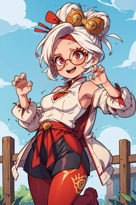 ((best quality, masterpiece)),
purah, ((claw pose):1.3), red glasses, white hair, hair ornament, hair stick, red headband, white shirt, bare shoulders, white jacket, black skirt, orange leggings, standing, smiling, open mouth, waving, field, fence, sky, pagoda <lora:purah-nvwls-v3-2:0.8>
<lora:more_details:0.5>