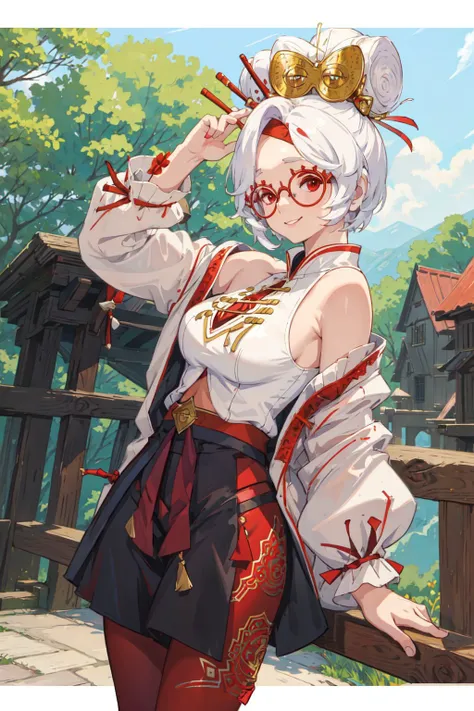 (masterpiece, best quality:1.2), <lora:purah-nvwls-v3-2:1>, solo, 1girl, purah, smile, looking at viewer, side view, red glasses, hair ornament, hair stick, red headband, white shirt, white jacket, black skirt, orange leggings, village background, bokeh, no hands