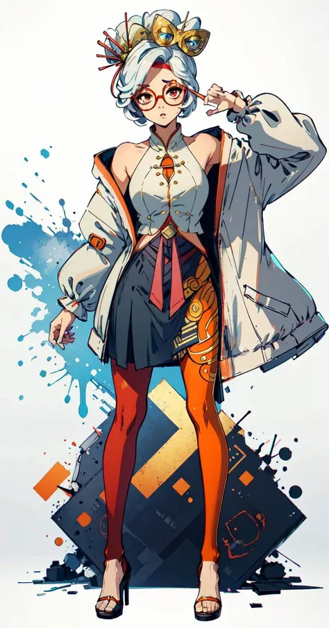 masterpiece, best quality, purah, RED GLASSES, HAIR ORNAMENT, WHITE JACKET, SLEEVELESS SHIRT, BLACK SKIRT, ORANGE LEGGINGS, HIGH HEELS,white background,<lora:purah-nvwls-v2:0.8> , [(white background:1.5),::5] , 1 girl, mid shot, full body