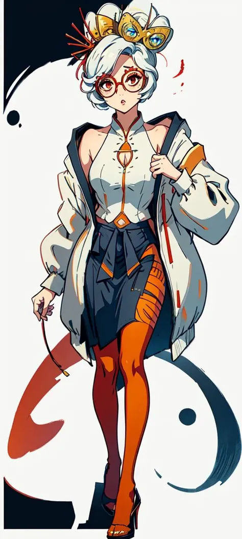 masterpiece, best quality, purah, RED GLASSES, HAIR ORNAMENT, WHITE JACKET, SLEEVELESS SHIRT, BLACK SKIRT, ORANGE LEGGINGS, HIGH HEELS,white background,<lora:purah-nvwls-v2:0.8> , [(white background:1.5),::5] , 1 girl, mid shot, full body