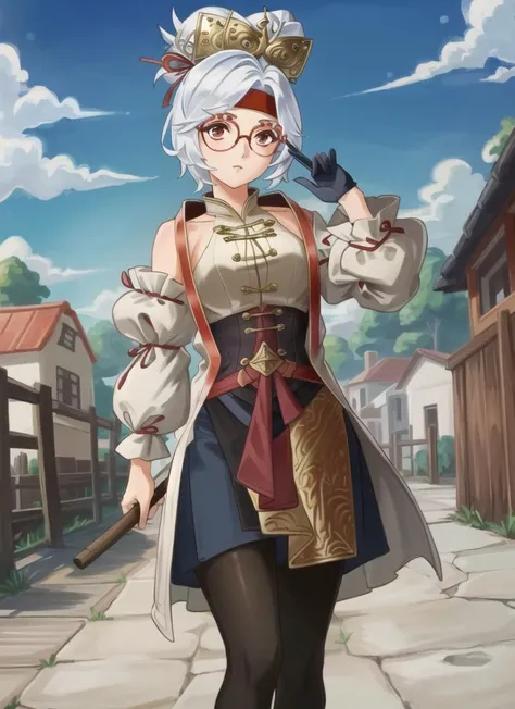 ((best quality)), ((highly detailed)), masterpiece, (detailed eyes, deep eyes), (1girl), cowboy shot, <lora:purah-nvwls-v3:.9>, purah, white hair, brown eyes, red headband, red glasses, hair ornament, white jacket, black gloves, sleeveless white shirt, black skirt, orange pantyhose, high heels, outside, palace