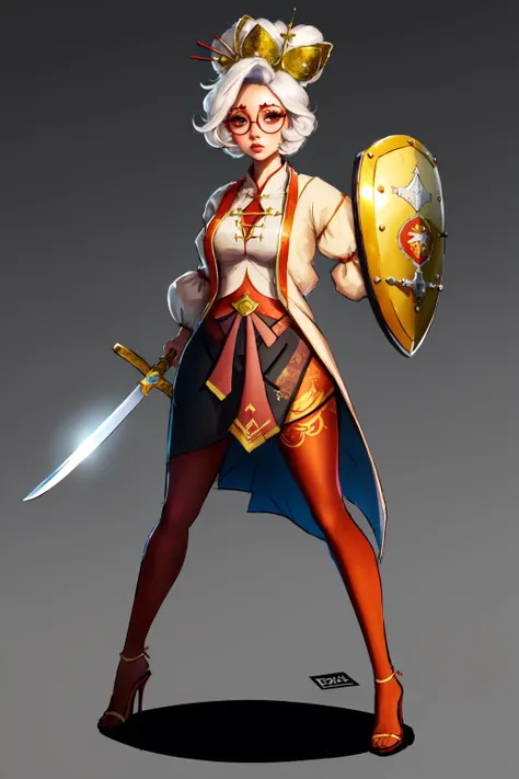 Highly detailed, High Quality, Masterpiece, beautiful, <lora:UnlimitedBladeWorksV0.3:0.8>, (Sword and Shield:1.2), 1girl, solo, purah, red glasses, hair ornament, white jacket, sleeveless shirt, black skirt, orange leggings, high heels, <lora:Char_Zelda_Purah:0.9>, (detailed face and eyes:1.3)
