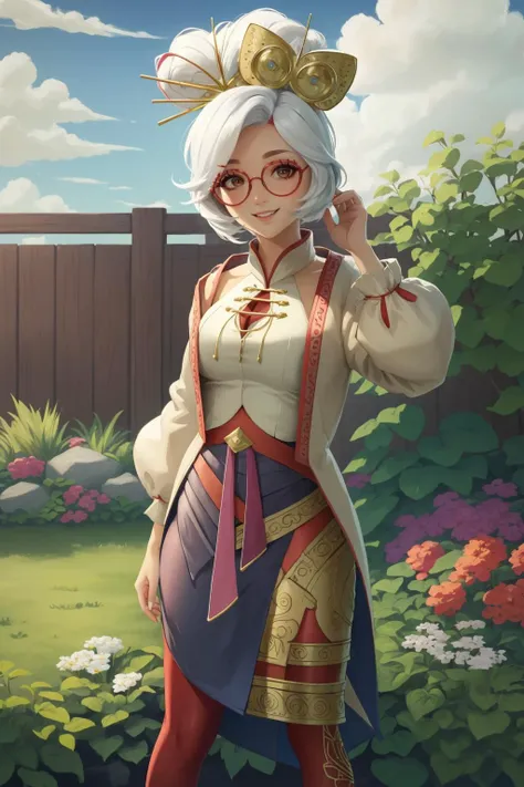 masterpiece, best quality, purah, red glasses, hair ornament, white jacket, sleeveless shirt, black skirt, orange leggings, upper body, standing, garden, stone statue, sky, clouds, looking at viewer, smile, perfect lighting <lora:purah-nvwls-v2-final:0.9>