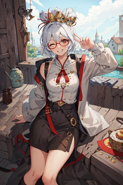 masterpiece, best quality, purah, red glasses, hair ornament, white jacket, sleeveless shirt, black skirt, upper body, from above, looking at viewer, grin, one eye closed, furrowed brow, rustic village <lora:purah-nvwls-v2-final:0.7>