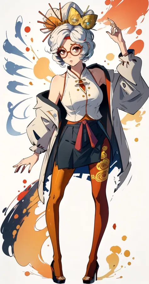 masterpiece, best quality, purah, RED GLASSES, HAIR ORNAMENT, WHITE JACKET, SLEEVELESS SHIRT, BLACK SKIRT, ORANGE LEGGINGS, HIGH HEELS,white background,<lora:purah-nvwls-v2:0.8> , [(white background:1.5),::5] , 1 girl, full body