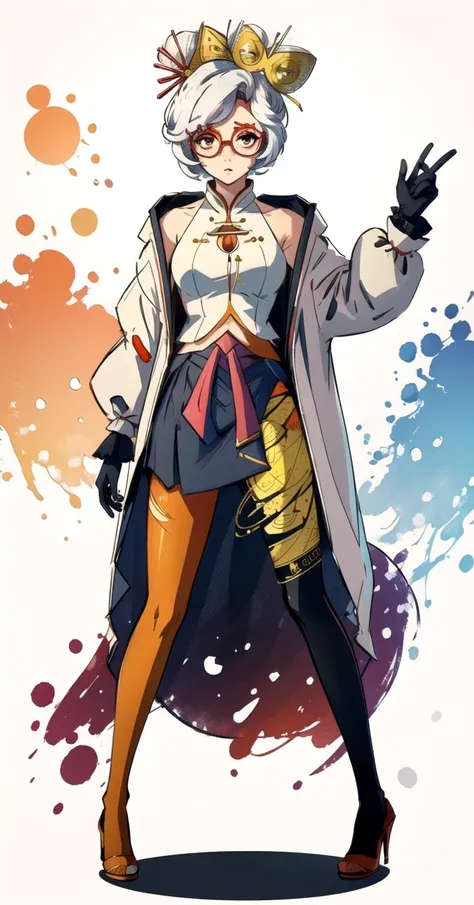 masterpiece, best quality, purah, RED GLASSES, HAIR ORNAMENT, WHITE JACKET, SLEEVELESS SHIRT, BLACK SKIRT, ORANGE LEGGINGS, HIGH HEELS,white background,<lora:purah-nvwls-v2:0.8> , [(white background:1.5),::5] , 1 girl, full body
