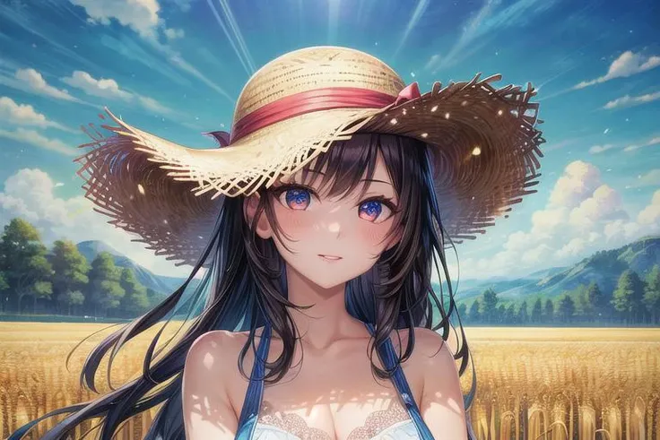 (best quality), high quality, [masterpiece, highres], pixiv featured, (1girl), ((beautiful:0.75) cute girl:0.8), [detailed] background [illustration], wheat field, straw hat,