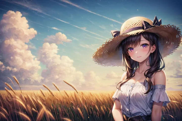 (best quality), high quality, [masterpiece, highres], pixiv featured, (1girl), ((beautiful:0.75) cute girl:0.8), [detailed] background [illustration], wheat field, straw hat,