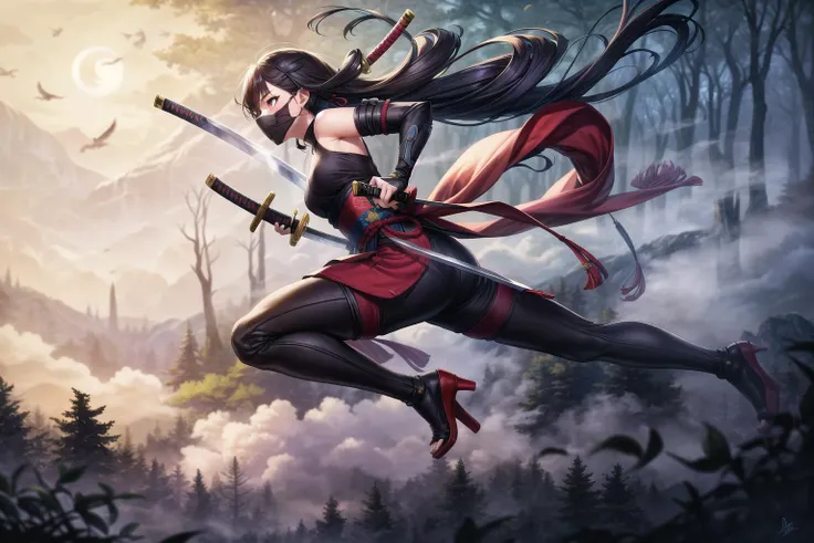 (best quality), high quality, [masterpiece, highres], pixiv featured, (1girl), ((beautiful:0.75) cute girl:0.8), [detailed] background [illustration], full body, side view, wielding katana, ninja, black mask, moonlight, forest, floating hair, wind, fog