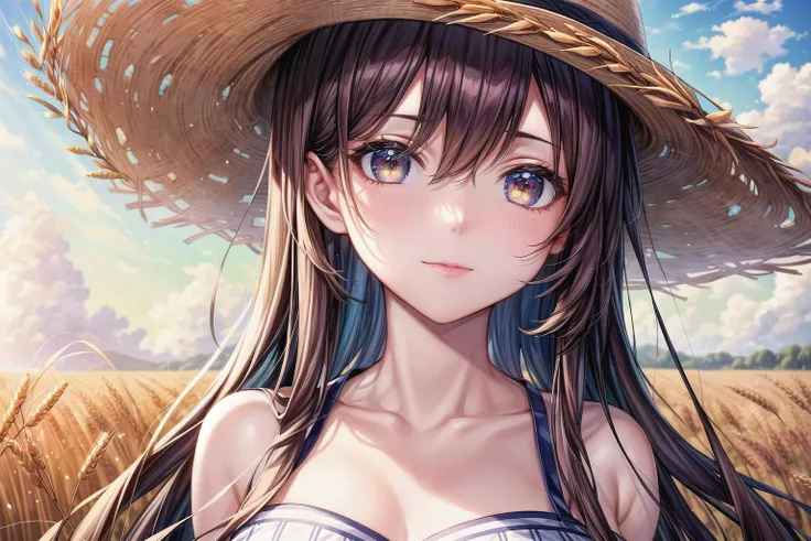 (best quality), high quality, [masterpiece, highres], pixiv featured, (1girl), ((beautiful:0.75) cute girl:0.8), [detailed] background [illustration], wheat field, straw hat,