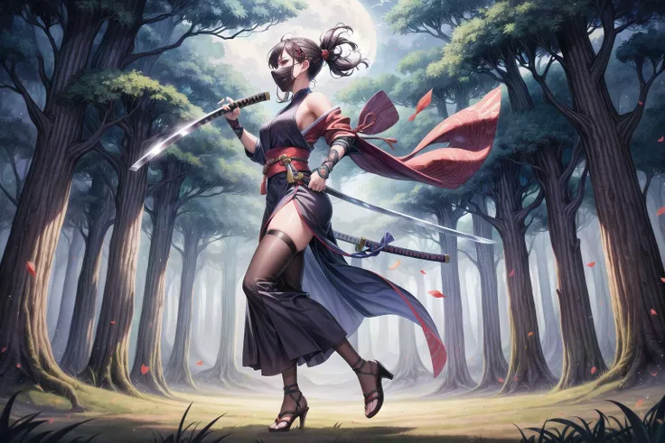 (best quality), high quality, [masterpiece, highres], pixiv featured, (1girl), ((beautiful:0.75) cute girl:0.8), [detailed] background [illustration], full body, side view, wielding katana, ninja, black mask, moonlight, forest, floating hair, wind, fog