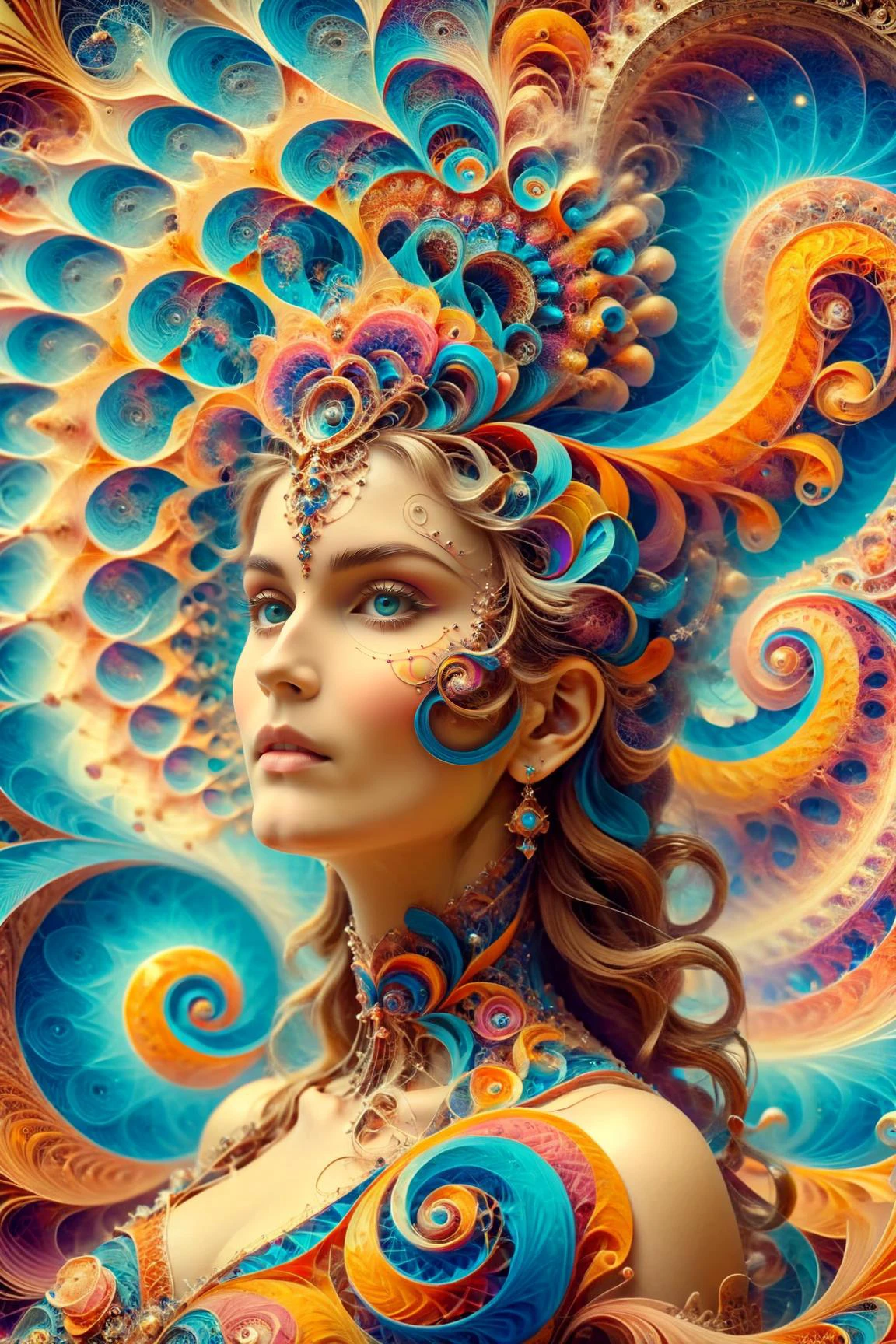 Psychedelic style antique photograph, ral-frctlgmtry woman <lora:SDXL_Ral_Fractal_Geometry:1.0> . Vibrant colors, swirling patterns, abstract forms, surreal, trippy