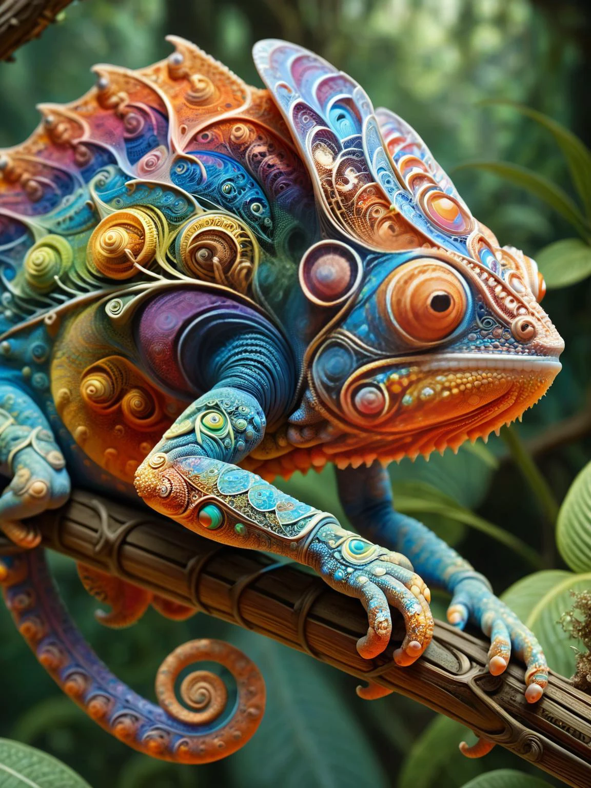 A chameleon cloaked in a living tapestry of ral-frctlgmtry skin, its colors shifting and morphing like equations come to life. On a branch in the jungle <lora:ral-frctlgmtry-sdxl:1>, <lora:EnvyBetterHiresFixXL01:0:hr=1>