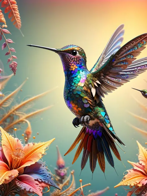 A hummingbird, its tiny wings humming with the thrum of ral-frctlgmtry, its iridescent feathers shimmering with infinite detail. Flying near colourful plants  <lora:ral-frctlgmtry-sdxl:1>, <lora:EnvyBetterHiresFixXL01:0:hr=1>