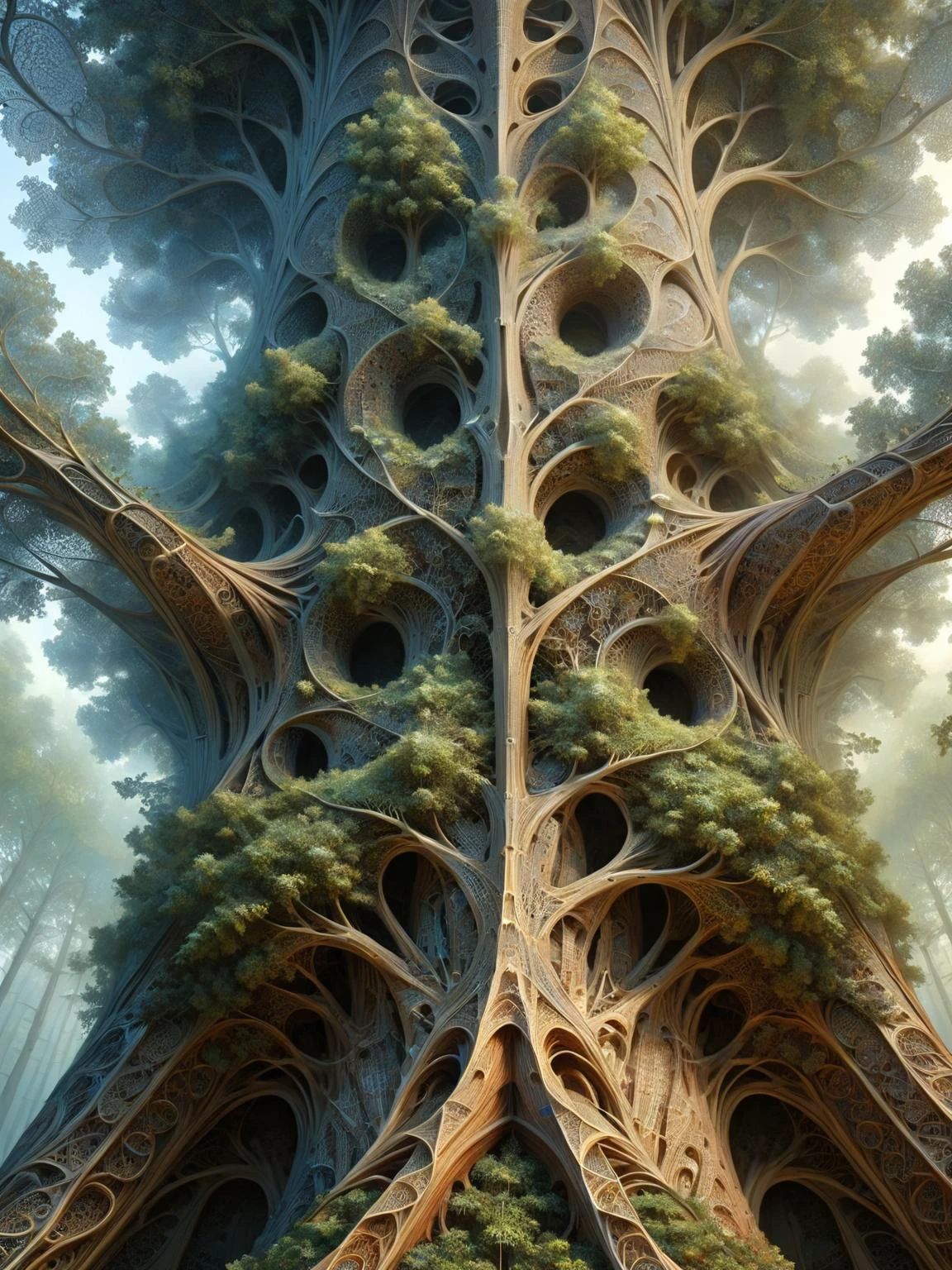 A forest where trees reach for the sky, their bark a canvas for endless tessellations of ral-frctlgmtry, leaves whispering secrets of mathematical beauty. <lora:ral-frctlgmtry-sdxl:1>, <lora:EnvyBetterHiresFixXL01:0:hr=1>