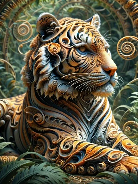 A tiger, its stripes transformed into mesmerizing ral-frctlgmtry spirals, its every movement a study in geometric grace. The jungle behind artistically blurred <lora:ral-frctlgmtry-sdxl:1>, <lora:EnvyBetterHiresFixXL01:0:hr=1>