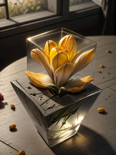 (((videogame_style))), lineart:1.2, (sharp focus:1.2), lineart, flat color, monochrome, greyscale, ((1 yellow tulip)), (moody lightning:1.2), soft grey light, depth of field, bokeh, 4k, HDR,, beautiful yellow tulip Illuminated by the ethereal glow of studio lightning, the light is reflecting shadows on the yellow tulip patels, the light reflection sparcles around it, the harmonic play of light and shadow underlines the natural beauty of the yellow tulip,, (the petals are velvety and silky curved:1.2), (high contrast to catch the play of light and shadows),, one yellow tulip:(For the viewer, the flower appears alive, as if a glimpse of her inner sparkle is possible),,simple light grey background, by night, peacful and grateful atmosphere, painted hearts, magical atmosphere, <lora:ral-frctlgmtry-sd15:0.5> ral-frctlgmtry, (flying pink dahlia inside a transparent crystal cube) on a dessert table in front of a bright window, the moonlight casts a beam of light onto the flower and seems to melt your ice cube in which the flower is located, water mist emanates from the cube, award winning art <lora:more_details:0.8> <lora:dAIversity-LoRAtest-Photoreal-SD15-01:0.7>,, deserted space, landscape, detail colour is yellow