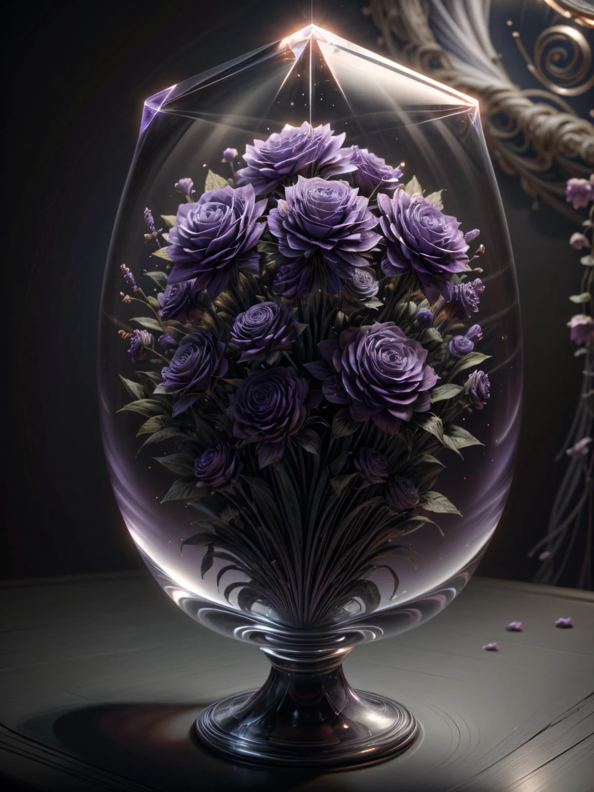 (((videogame_style))), lineart:1.2, (sharp focus:1.2), lineart, flat color, monochrome, greyscale, ((1 purple lavender)), (moody lightning:1.2), soft grey light, depth of field, bokeh, 4k, HDR,, beautiful purple lavender Illuminated by the ethereal glow of studio lightning, the light is reflecting shadows on the purple lavender patels, the light reflection sparcles around it, the harmonic play of light and shadow underlines the natural beauty of the purple lavender,, (the petals are velvety and silky curved:1.2), (high contrast to catch the play of light and shadows),, one purple lavender:(For the viewer, the flower appears alive, as if a glimpse of her inner sparkle is possible),,simple light grey background, by night, peacful and grateful atmosphere, painted hearts, magical atmosphere, <lora:ral-frctlgmtry-sd15:0.9> ral-frctlgmtry, (flying pink dahlia inside a transparent crystal cube) on a dessert table in front of a bright window, the moonlight casts a beam of light onto the flower and seems to melt your ice cube in which the flower is located, water mist emanates from the cube, award winning art <lora:more_details:0.8> <lora:dAIversity-LoRAtest-Photoreal-SD15-01:0.7>,, deserted space, landscape, detail colour is purple