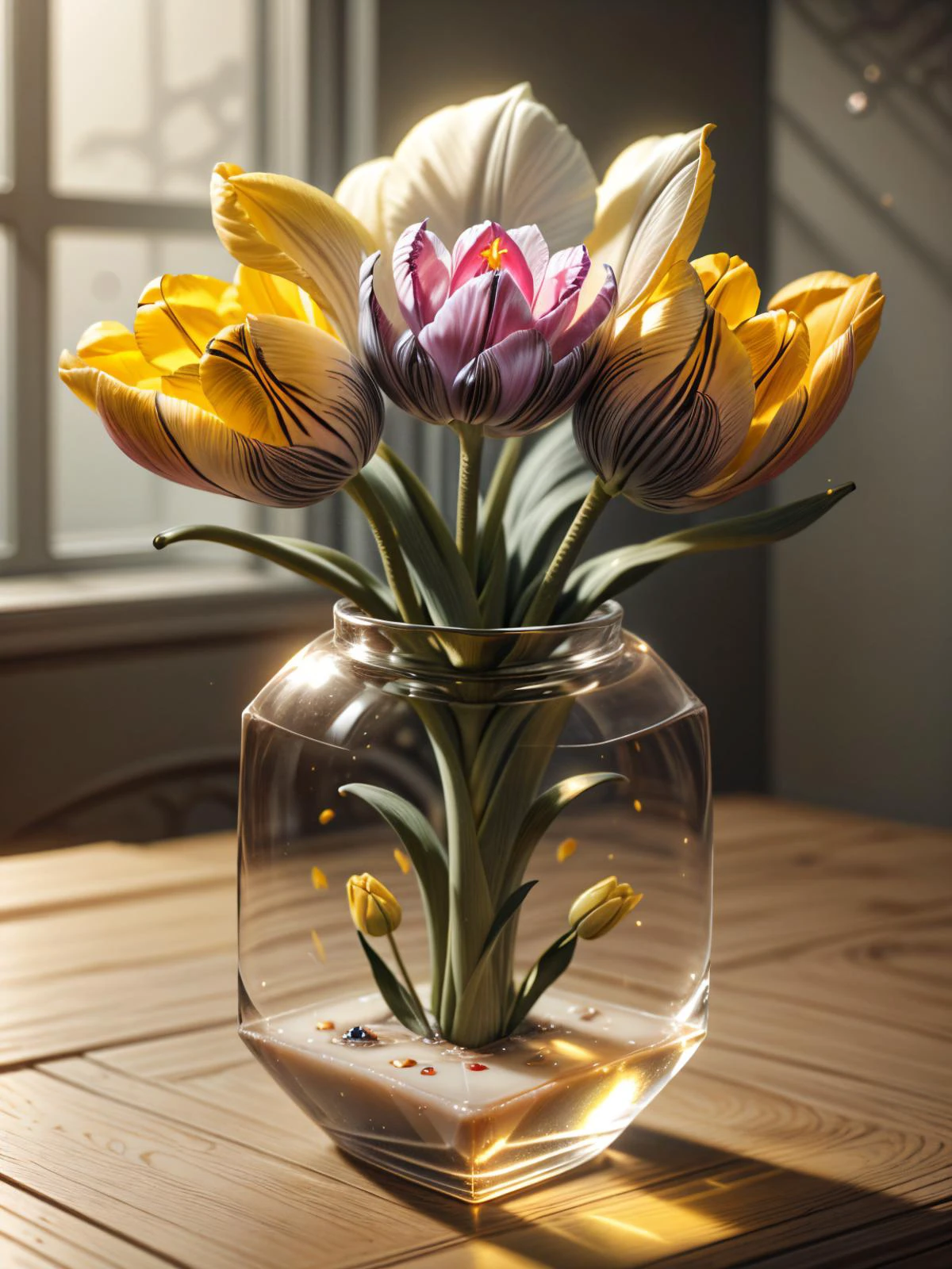 (((videogame_style))), lineart:1.2, (sharp focus:1.2), lineart, flat color, monochrome, greyscale, ((1 yellow tulip)), (moody lightning:1.2), soft grey light, depth of field, bokeh, 4k, HDR,, beautiful yellow tulip Illuminated by the ethereal glow of studio lightning, the light is reflecting shadows on the yellow tulip patels, the light reflection sparcles around it, the harmonic play of light and shadow underlines the natural beauty of the yellow tulip,, (the petals are velvety and silky curved:1.2), (high contrast to catch the play of light and shadows),, one yellow tulip:(For the viewer, the flower appears alive, as if a glimpse of her inner sparkle is possible),,simple light grey background, by night, peacful and grateful atmosphere, painted hearts, magical atmosphere, <lora:ral-frctlgmtry-sd15:0.9> ral-frctlgmtry, (flying pink dahlia inside a transparent crystal cube) on a dessert table in front of a bright window, the moonlight casts a beam of light onto the flower and seems to melt your ice cube in which the flower is located, water mist emanates from the cube, award winning art <lora:more_details:0.8> <lora:dAIversity-LoRAtest-Photoreal-SD15-01:0.7>,, deserted space, landscape, detail colour is yellow