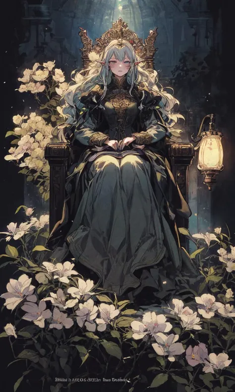 masterpiece, 1GIRL,elf queen,  PORTRAIT, full body SHOT, sitting in a throne of flowers,  LANTERN, BOOK,  <lora:EF-concept_master_1.0:1.5> [(taupe background: 1.4)::5], TBCC ILLUSTRATION  <lora:TaxiBD_v1:0.8> taxibdstl <lora:victorian_dress-SD-2.0:0.5> victorian dress <lora:Retro_Anime:0.5> <lora:slim-sd15:0.5> elf <lora:EF-LowRA:0.5> dark theme<lora:EF-GoodHands-beta2:0.5><lora:EF-GoodHands-beta2:0.5>