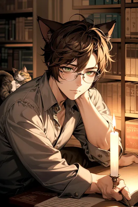 (cat boy:1.3), library, (warm tone:1.5), green eyes, brown hair, focused expression, high quality, wallpaper, trending on artstation, 1boy, relaxing, night, wearing black glasses, candle lit, dark academia