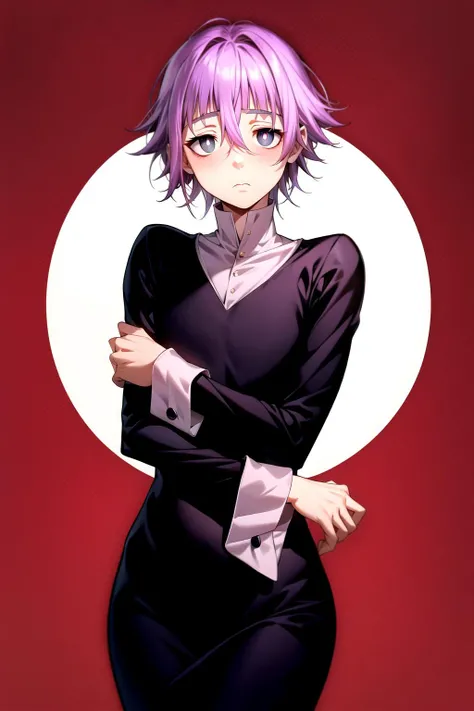 absurdres, best quality, androgynous, solo, looking at viewer, <lyco:GoodHands-beta2:1.0>, <lora:crona:0.5>, Crona, (nervous:1), (scared:0.75), (hand on own arm:0.5), cuff links, hair between eyes, black dress, purple hair, blunt bangs, closed mouth, hair flaps, long sleeves, solid circle pupils, black eyes,