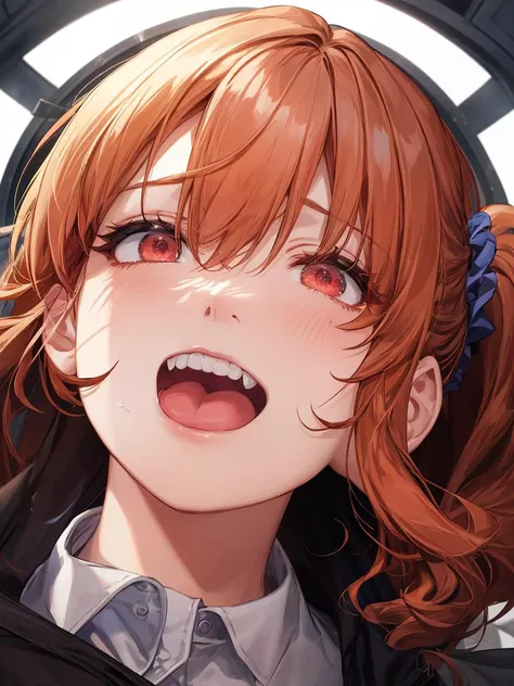 (unparalleled masterpiece, masterpiece:1.3), best quality, high quality, absurdres, game cg, 2girl, orange hair, red hair, red eyes, pink eyes, long hair, hair between eyes, scrunchie, very long hair, blue scrunchie, hair scrunchie, one side up, dress shirt, high-waist skirt,, black coat, market stall,backlight, photographic lighting,
