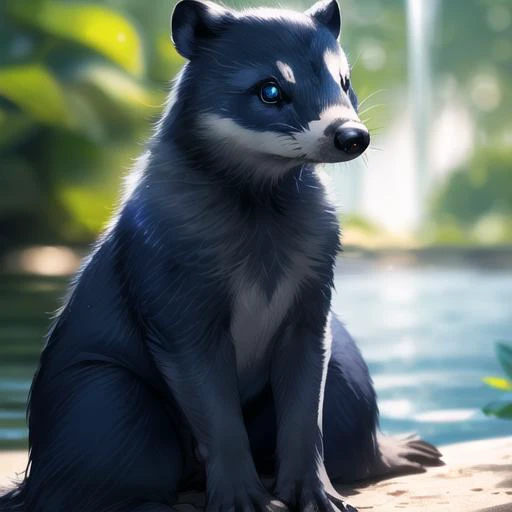 depth of field, bokeh, detailed realistic background, diffused natural light, diffused natural skin glow, fantasy, water, shore, best quality, hires, (blue black:1.4) badger, (no humans:1.6), cute, fluffy,( grey eyes:1.2)