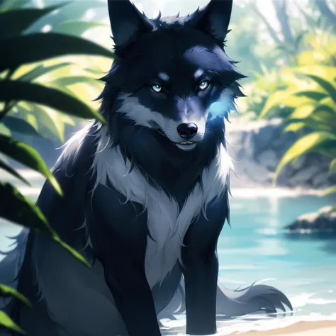 depth of field, bokeh, detailed realistic background, diffused natural light, diffused natural skin glow, fantasy, water, shore, best quality, hires, (blue black:1.4) Wolf, (no humans:1.6), cute, ( grey eyes:1.2)