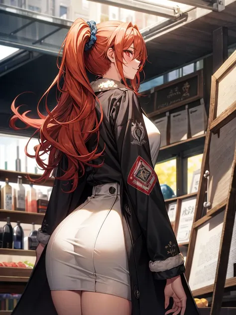 (unparalleled masterpiece, masterpiece:1.3), best quality, high quality, absurdres, game cg, 1girl, orange hair, red hair, red eyes, pink eyes, long hair, hair between eyes, scrunchie, very long hair, blue scrunchie, hair scrunchie, one side up, dress shirt, high-waist skirt, fur-trimmed coat, black coat, market stall, heart hands