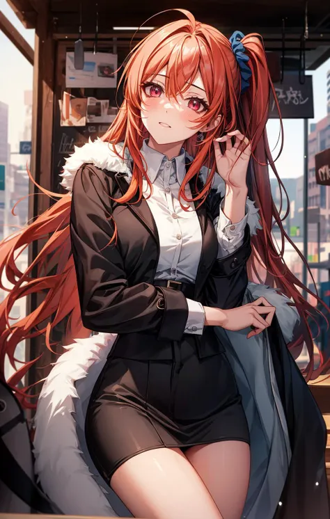 (unparalleled masterpiece, masterpiece:1.3), best quality, high quality, absurdres, game cg,1girl, orange hair, red hair, red eyes, pink eyes, long hair, hair between eyes, scrunchie, very long hair, blue scrunchie, hair scrunchie, one side up, dress shirt, high-waist skirt, fur-trimmed coat, black coat, market stall,