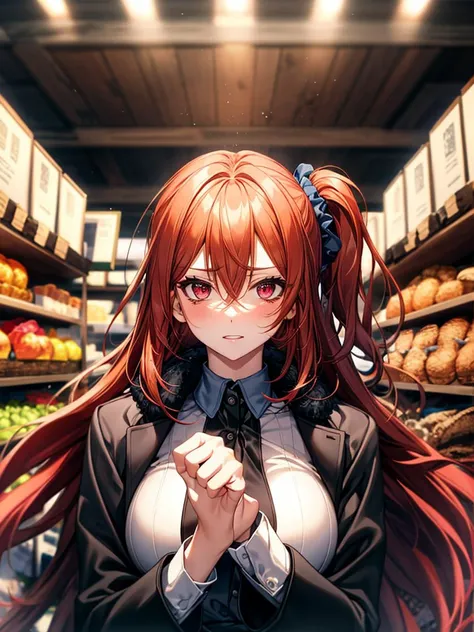 (unparalleled masterpiece, masterpiece:1.3), best quality, high quality, absurdres, game cg,1girl, orange hair, red hair, red eyes, pink eyes, long hair, hair between eyes, scrunchie, very long hair, blue scrunchie, hair scrunchie, one side up, dress shirt, high-waist skirt, fur-trimmed coat, black coat, market stall,